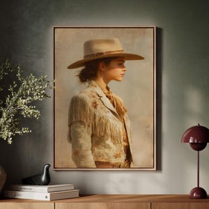 Vintage Western Cowgirl Portrait Print, Rustic Rodeo Wall Art, Country Girl in Hat, Southwestern Western Decor for Farmhouse Style
