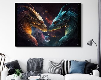 Kosmische Drachen, Fantasy Kunst, Drachen Kunst, mystische Kunst, Kosmische Kunst, Wohnzimmer Wandkunst, Spielzimmer Kunst, Leinwand Wandkunst