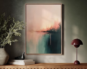 Tijdloze abstracte canvas muurkunst - elegant roze en blauwgroen kleurverloopschildering - statementstuk voor modern, minimalistisch of bohodecor