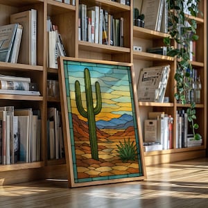 Wüstenkaktus Glasmalerei Leinwand Kunst | Südwestlichen Landschaft Sonnenuntergang | Saguaro Art für rustikale westliche Wohnkultur