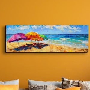 Beach Parasols Oil Painting Ready To Hang Panoramic Canvas Wall Art Print, Large Wall Art, Panoramic Canvas Wall Art