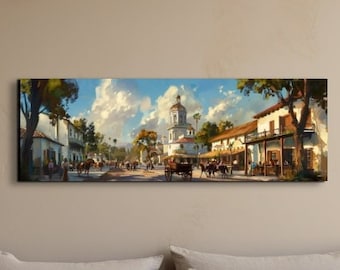 Panoramic Old Southwestern Mexican Town  Ready To Hang Canvas Wall Art Print, Mexican Culture Canvas Wall Art