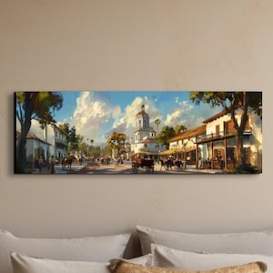 Panoramic Old Southwestern Mexican Town  Ready To Hang Canvas Wall Art Print, Mexican Culture Canvas Wall Art
