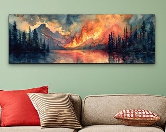 Panoramic Watercolor Forest Fire Canvas Wall Art