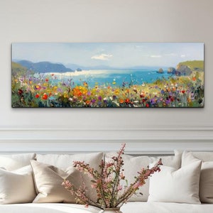 Beautiful Serene Ocean Wild Flowers Landscape, Tranquil Landscape Art, Ready To Hang Panoramic Canvas Wall Art Print, Large Canvas Wall Art