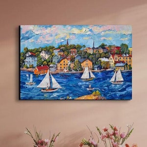 Stockholm Archipelago Naive Art Painting Style Print Seaside Village Sailboat Nature Wall Decor Ready To Hang Landscape Canvas Wall Art