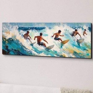 Retro Surfing Panoramic Canvas Wall Art, Ocean Landscape Art, Ready To Hang Panoramic Canvas Wall Art Print, Large Wall Art