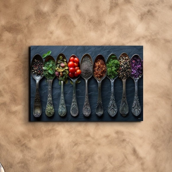 Kitchen wall decor Herbs and spices canvas print Dining room wall art Modern kitchen decor Spices Large canvas art, Seasoning Spoons