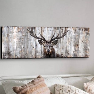Deer Canvas Wall Art, Rustic Canvas Wall Art, Cabin Art, Deer Art, Vacation House Canvas Wall Art, Vintage Panoramic Canvas Wall Art