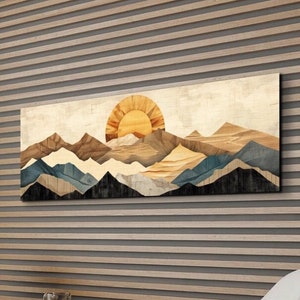 Panoramic Wood Style Western Mountain Range Ready To Hang Panoramic Canvas Wall Art Print, Wood Tone Artwork, Panoramic Art