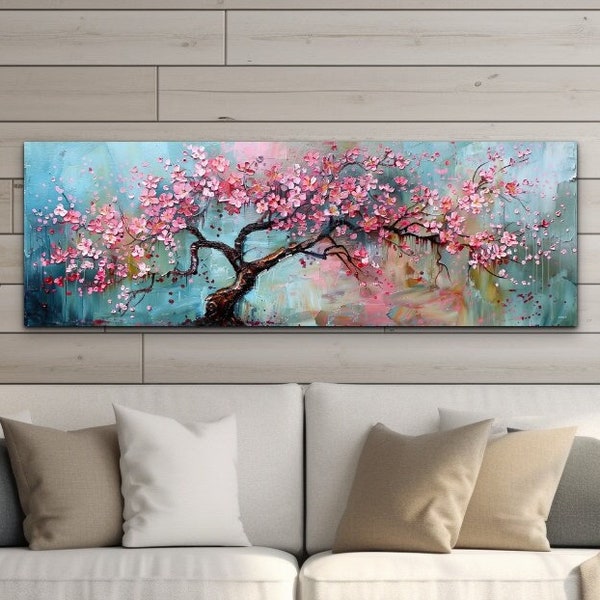 Oil Painting Style Sakura Tree Canvas Wall Art Print, Panoramic Wall Decor, Home Decor, Livingroom Art, Ready To Hang, Nature Decor