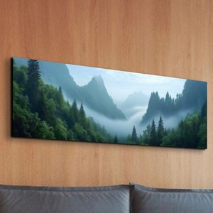 Morning fog over a mountain forest, Panoramic canvas print, foggy pine tree landscape, framed wall art, misty mountain landscape art