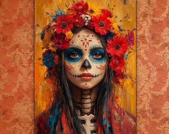 May include: A colorful painting of a woman with a sugar skull makeup, wearing a floral crown. The background is a yellow and orange abstract design.