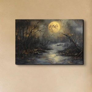 Haunted Swamp Original Haunted Swamp Leinwand Kunstdruck, Halloween Kunst, Urlaubs Kunst, Gruselige Saison Kunst, Gothic Kunst, Horror Kunst