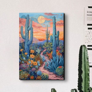 Cactus Mid Century Modern Ready To Hang Canvas Wall Art Print, Agave Southwestern Canvas Wall Art, Colorful Wall Art