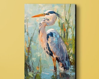 Farba olejna Blue Herron gotowa do powieszenia na płótnie wydruk ścienny, sztuka Herron, akwarela natura, bardzo duże dzieło sztuki, sztuka ścienna na płótnie