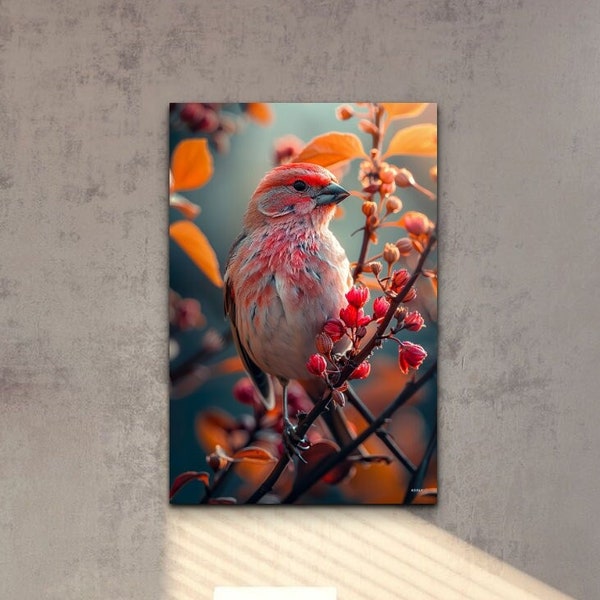 Strawberry Finch Bird Canvas Wall Art Print, Bird Wall Decor, Extra large Wall Art, Ready To Hang Nature Art, Finch Perched On Tree Branch