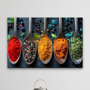 Kitchen wall decor Herbs and spices canvas print Dining room wall art Modern kitchen decor Spices Large canvas art, Seasoning Spoons