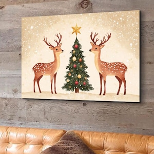 Vintage Reindeer Christmas Tree, Ready To Hang Canvas Wall Art Print, Holiday Art, Christmas Wall Art, Wall Art, Home Decor