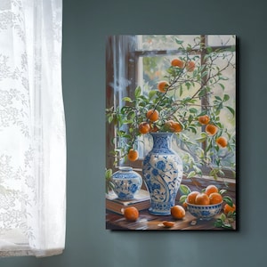 Oranges in Vase Italian/Mediterranean Styled Ready To Hang Canvas Wall Art Print,