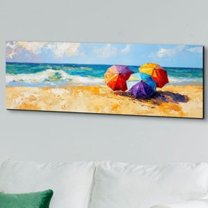Beach Parasols Oil Painting Ready To Hang Panoramic Canvas Wall Art Print, Large Wall Art, Panoramic Canvas Wall Art
