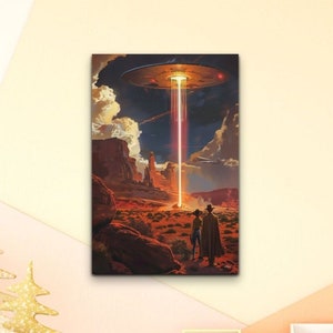 Alien Flying Saucer 1950s Rozwell Inspired Aesthetic Ready To Hang Portrait Canvas Wall Art, Alien Art, Space Art, 1950s Art