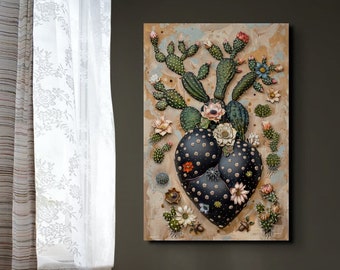 The Black Thorned Cactus Heart Ready To Hang Canvas Wall Art, Southwestern Canvas Wall Art