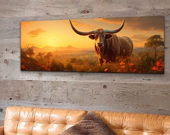 Longhorn Steer Panoramic Canvas Wall Art, Southwestern Wall Art, Cow Canvas Wall Art, Longhorn Steer Art, Panoramic Art, Large Art