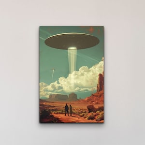 Alien Flying Saucer 1950s Rozwell Inspired Aesthetic Ready To Hang Portrait Canvas Wall Art, Alien Art, Space Art, 1950s Art