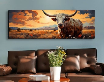 Longhorn Steer Panoramic Canvas Wall Art, Southwestern Wall Art, Cow Canvas Wall Art, Longhorn Steer Art, Panoramic Art, Large Art