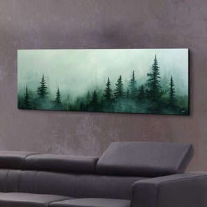 Morning fog over a mountain forest, Panoramic canvas print, foggy pine tree landscape, framed wall art, misty mountain landscape art