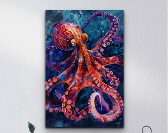 Acuarela pulpo pelícano listo para colgar lienzo arte de la pared, arte del pulpo, listo para colgar lienzo, decoración del hogar, arte de la pared