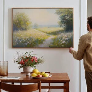 Serene Wildflower Meadow Canvas Art - Peaceful Countryside Path Painting for Tranquil Home Decor