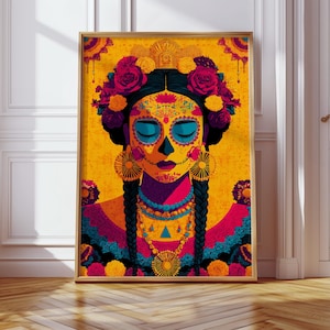 Day of the Dead Sugar Skull Woman Art Print, Colorful Dia de los Muertos Portrait, Mexican Folk Wall Decor, Calavera Face Painting Art