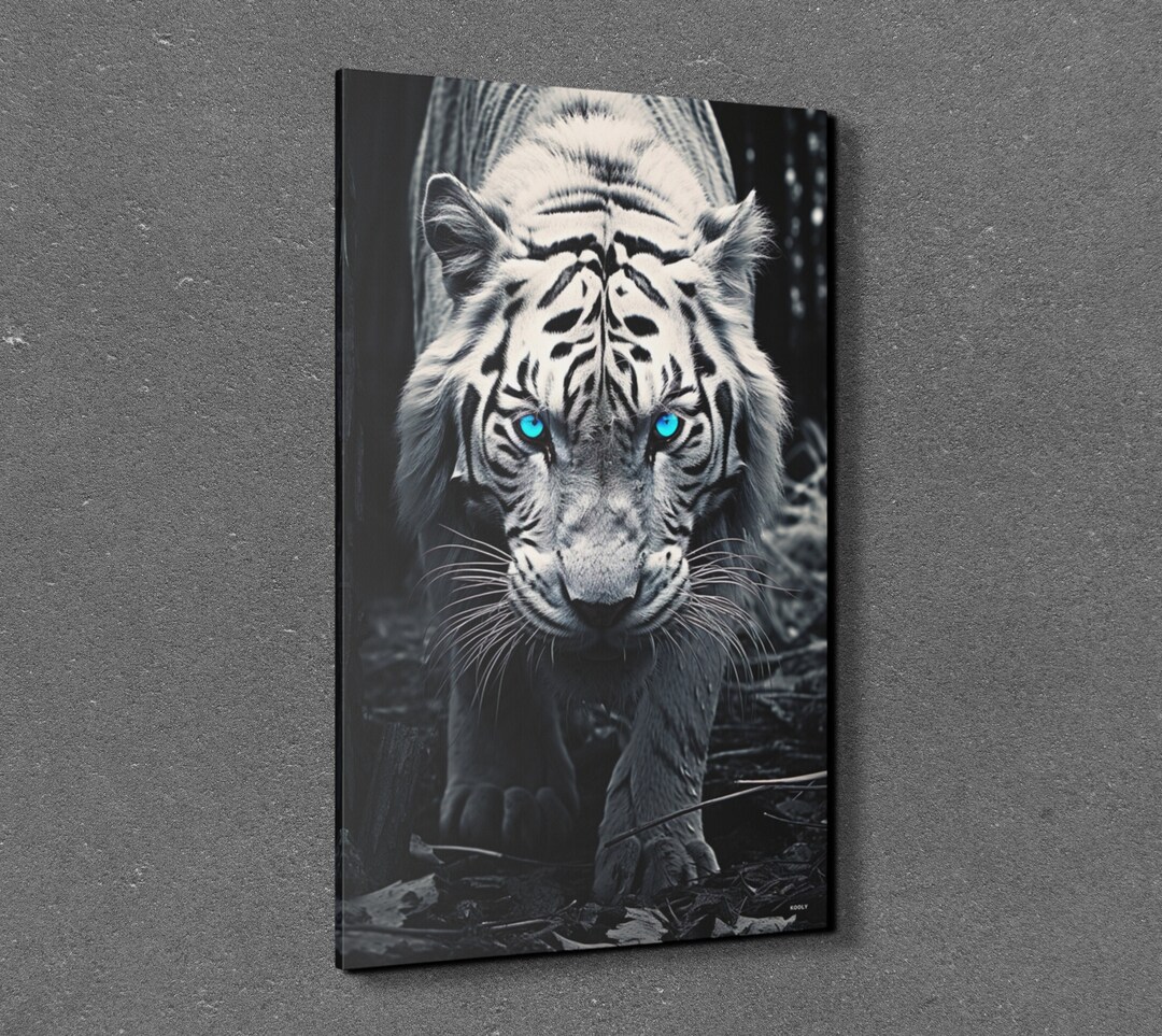 White Tiger Canvas Wall Art, Black and White Tiger With Blue Eyes Wall