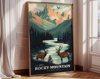 Parque Nacional de las Montañas Rocosas: lienzo con un majestuoso paisaje de alces y montañas