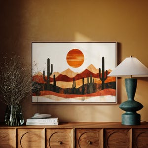 Desert Sunset Cactus Canvas Wall Art | Minimalist Southwestern Landscape Painting with Mountains, Sun, and Rustic Boho Western Decor