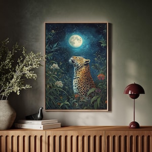 May include: A digital painting depicting a leopard gazing upwards at a full moon in a dark blue sky. The leopard is surrounded by vibrant green foliage and flowers. The moon is a bright white orb, surrounded by twinkling stars.