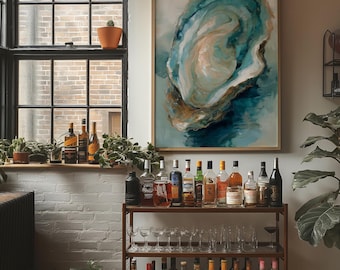 Oyster Abstract Canvas Wall Art | Coastal Oyster Shell Painting | Blue Teal Ocean Art | Modern Beach Decor | Nautical Coastal Art