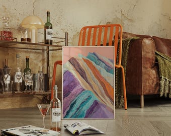 Dipinto di paesaggio montano colorato / Arte murale astratta in pastello