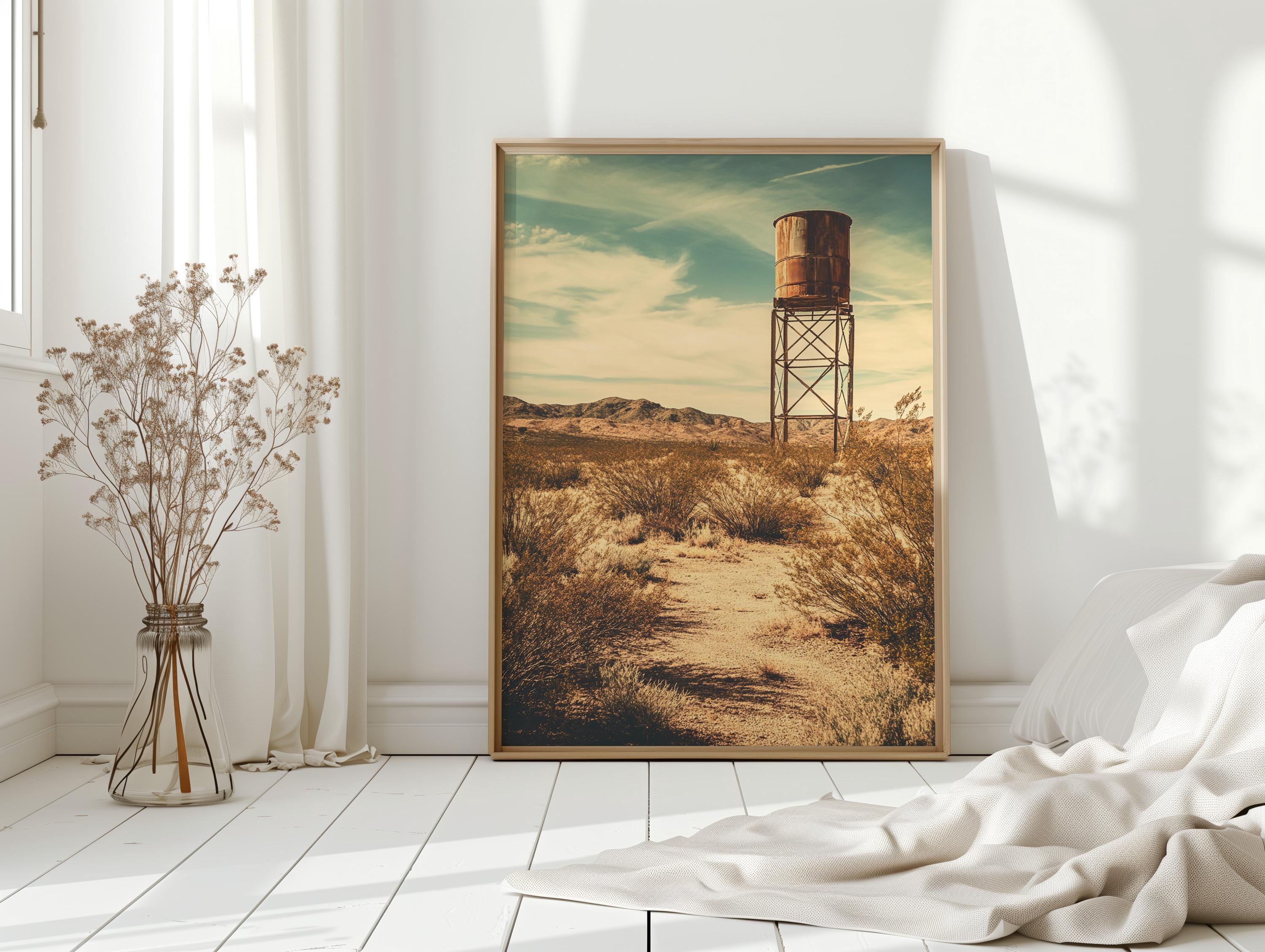 Desert Water Tower Canvas Wall Art – Vintage Western Landscape Print, Rustic Industrial Decor for Farmhouse or Cowboy Themed Rooms