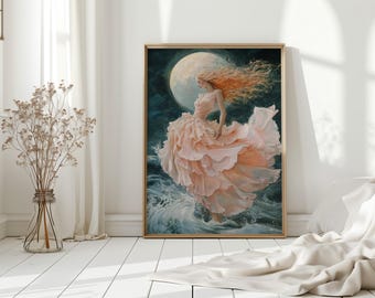 May include: A framed artwork depicts a woman in a flowing pink dress with long, flowing red hair, standing in water beneath a large, bright moon. The artwork is in a gold frame and is displayed in a bright, airy room with a vase of dried flowers.