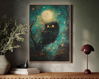Könnte beinhalten: Ein digitales Gemälde einer großen, dunklen, eulenartigen Kreatur mit leuchtend gelben Augen, die in einem Baum mit einem Vollmond im Hintergrund sitzt. Die Kreatur ist von leuchtenden Lichtkugeln umgeben.