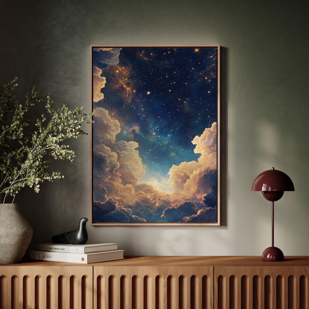 Celestial Starry Sky Wall Art – Dreamy Clouds and Galaxy Canvas Print ...