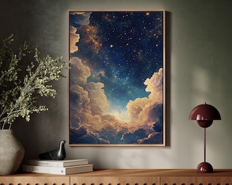 Arte mural de cielo estrellado celestial: lienzo de nubes de ensueño y galaxia para dormitorio o guardería, decoración de pared con un cielo nocturno sereno.