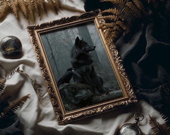 Black Wolf and Raven Forest Canvas Art, Mystical Companions in Foggy Woods, Dark Nordic Animal Decor, Witchy Woodland Wall Art