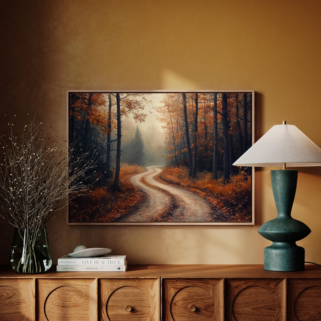 Autumn Forest Path Canvas Wall Art, Cozy Fall Landscape Painting ...