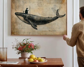Vintage Steampunk Whale and Cat Artwork – Nautical Blueprint Design, Whimsical Wall Art for Animal and Ocean Lovers