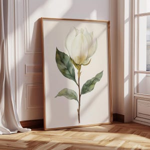 Watercolor Magnolia Flower Art Print - Elegant White Magnolia with Green Leaves, Botanical Art for Modern Decor, Minimalist Floral Artwork
