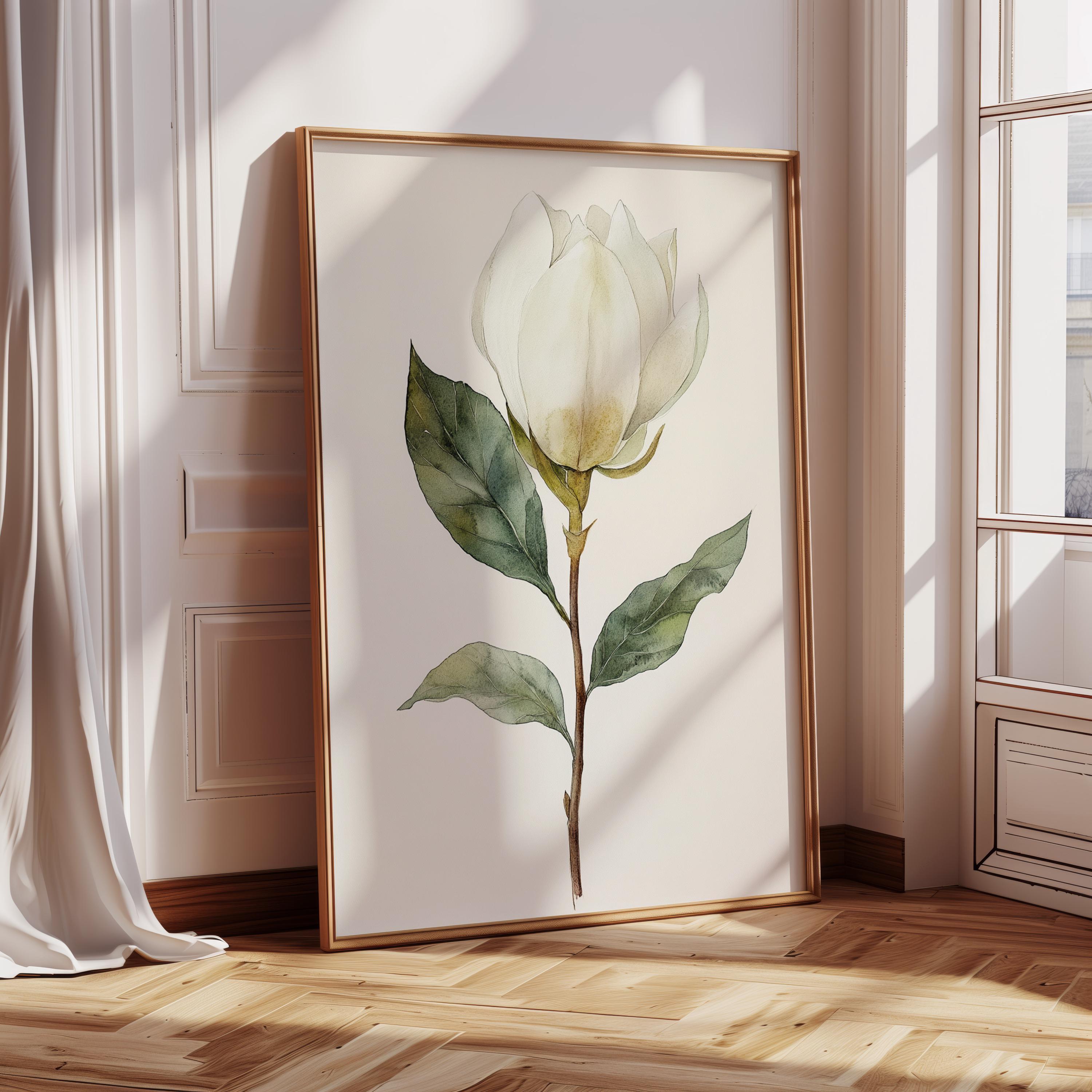 Watercolor Magnolia Flower Art Print - Elegant White Magnolia with Green Leaves, Botanical Art for Modern Decor, Minimalist Floral Artwork